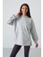 Gri Melanj Balon Kol Yazı Nakışlı Kadın Oversize Tunik Sweatshirt - 97163 1