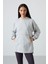 Gri Melanj Balon Kol Yazı Nakışlı Kadın Oversize Tunik Sweatshirt - 97163 5