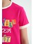 Fuşya Renkli Yazı Detaylı O Yaka Rahat Form Kız Çocuk T-Shirt - 75109 5