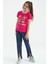 Fuşya Renkli Yazı Detaylı O Yaka Rahat Form Kız Çocuk T-Shirt - 75109 8