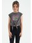 Koyu Gri Kalp Baskılı Ön Düğüm Detaylı Rahat Form Kız Çocuk T-Shirt - 75114 1
