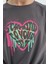 Koyu Gri Kalp Baskılı Ön Düğüm Detaylı Rahat Form Kız Çocuk T-Shirt - 75114 3