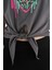 Koyu Gri Kalp Baskılı Ön Düğüm Detaylı Rahat Form Kız Çocuk T-Shirt - 75114 7