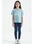 Açık Mavi O Yaka Yazı Baskılı Düşük Omuz Oversize Kız Çocuk T-Shirt - 75115 2