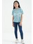 Açık Mavi O Yaka Yazı Baskılı Düşük Omuz Oversize Kız Çocuk T-Shirt - 75115 6