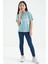 Açık Mavi O Yaka Yazı Baskılı Düşük Omuz Oversize Kız Çocuk T-Shirt - 75115 7