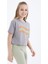 Tommy Life Gri Oversize Renkli Yazı Baskılı Düşük Omuz O Yaka Kız Çocuk Crop T-Shirt - 75038 4