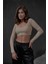 Kadın Vizon Açık Yaka Uzun Kollu Fitilli Örme Crop Bluz 28209 5