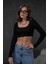 Kadın Siyah Açık Yaka Uzun Kollu Fitilli Örme Crop Bluz 28209 5