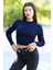 Kadın Lacivert Fitilli Crop Triko Kazak Kısa Model Akrilik Kumaş Ribanalı - 3122 1