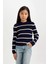 Kız Çocuk Lacivert Çizgili Fitted Bisiklet Yaka Triko Kazak D1392A824WN 1