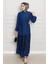 Eteği Desenli Karin Elbise-Saks Mavi 1