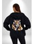 Müzik Dinleyen Kaplan Insan Mont Kadın Erkek Siyah Renk Kapüşonlu Kanguru Cepli Fermuarlı Pamuklu Oversize Dijital Baskılı Hırka Sweatshirt 3