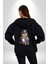 Şapkalı Amerikalı Baykuş Burjuva Baykuş Kadın Erkek Siyah Renk Kapüşonlu Kanguru Cepli Fermuarlı Pamuklu Oversize Dijital Baskılı Hırka Sweatshirt 3