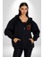 Mutlu Mickey Mouse Kadın Erkek Siyah Kapüşonlu Fermuarlı Baskılı Hırka Sweatshirt 1