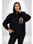 Çiçekli Siyah Kedi Etiket Kadın Erkek Siyah Renk Kapüşonlu Kanguru Cepli Fermuarlı Pamuklu Oversize Dijital Baskılı Hırka Sweatshirt 5