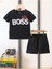 Little Boss Baskılı Pamuklu Çocuk Siyah Şort T-Shirt Takım - Kız Erkek Çocuk Yazlık Bisiklet Yaka 1