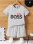 Little Boss Baskılı Pamuklu Çocuk Gri Şort T-Shirt Takım - Kız Erkek Çocuk Yazlık Bisiklet Yaka 1