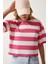 Bisiklet Yaka Çizgili Crop Örme T-Shirt Beyaz Pembe 2