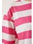 Bisiklet Yaka Çizgili Crop Örme T-Shirt Beyaz Pembe 3