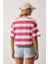 Bisiklet Yaka Çizgili Crop Örme T-Shirt Beyaz Pembe 4