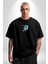 Astronot Uzayda Sıkılmış Siyah Oversize Kadın Erkek Ön Orta Minimal Baskılı T-Shirt 2