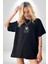 Safari Kedi Şal Eşarp Siyah Oversize Kadın Erkek Ön Orta Minimal Baskılı T-Shirt 4