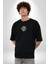 Havalı Pilot Şapkalı Müzik Dinleyen Kedi Siyah Oversize Kadın Erkek Ön Orta Minimal Baskılı T-Shirt 1