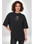 Pilot Çeketli Deri Şapkalı Cool Kedi Siyah Oversize Kadın Erkek Ön Orta Minimal Baskılı T-Shirt 2