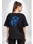 Aslan Mavi Gözlü Pamuklu Kadın Erkek Oversize Sırt Dijital Baskılı Siyah T-Shirt 2