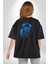 Aslan Mavi Gözlü Pamuklu Kadın Erkek Oversize Sırt Dijital Baskılı Siyah T-Shirt 3