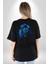 Aslan Mavi Gözlü Pamuklu Kadın Erkek Oversize Sırt Dijital Baskılı Siyah T-Shirt 4