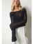 Kayık Yaka Ajurlu Triko Crop Kazak Siyah 1