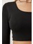LPF0047 U Yaka Fitilli Crop Triko Bluz Siyah 5