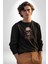 Müzik Kulaklık Takan Kurukafa Kırmızı Gül Kadın Erkek Siyah Baskılı Sweatshirt 4