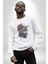 Pilot Çeketli Deri Şapkalı Cool Kedi Kadın Erkek Beyaz Baskılı Sweatshirt 1