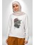 Pilot Çeketli Deri Şapkalı Cool Kedi Kadın Erkek Beyaz Baskılı Sweatshirt 2