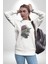 Pilot Çeketli Deri Şapkalı Cool Kedi Kadın Erkek Beyaz Baskılı Sweatshirt 3