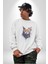 Şimşek Yağmur Kedi Kadın Erkek Beyaz Baskılı Sweatshirt 2