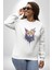 Şimşek Yağmur Kedi Kadın Erkek Beyaz Baskılı Sweatshirt 4