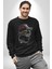 Pilot Çeketli Deri Şapkalı Cool Kedi Kadın Erkek Siyah Baskılı Sweatshirt 4