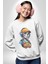 Robot Kız Müzik Kulaklık Şapka Kadın Erkek Beyaz Baskılı Sweatshirt 1