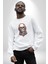 Müzik Kulaklık Takan Kurukafa Kırmızı Gül Kadın Erkek Beyaz Baskılı Sweatshirt 4