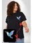Sinek Kuşu Renkli Siyah Büyük Beden Kadın Basic Minimal Baskılı Tişört 4