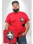 Kulaklık Ayı Panda Kırmızı Büyük Beden Kadın Basic Minimal Baskılı Tişört 3