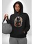 Çiçekli Siyah Kedi Etiket Kadın Erkek Siyah Kapüşonlu Sweatshirt Hoodie 3