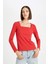 Regular Fit Kare Yaka Basic Düz Fitilli Kaşkorse Uzun Kollu Kırmızı Tişört D7506AX24AU 4