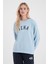 Kadın Bisiklet Yaka Gök Mavisi Logo Baskılı Pamuklu Sweatshirt 1