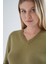 Kadın Olive %100 Organik Pamuk V Yaka Triko Kazak Bluz TRIST-6102 7
