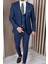 Erkek Slim Fit Sivri Yaka Lacivert Yelekli Takım Elbise 4